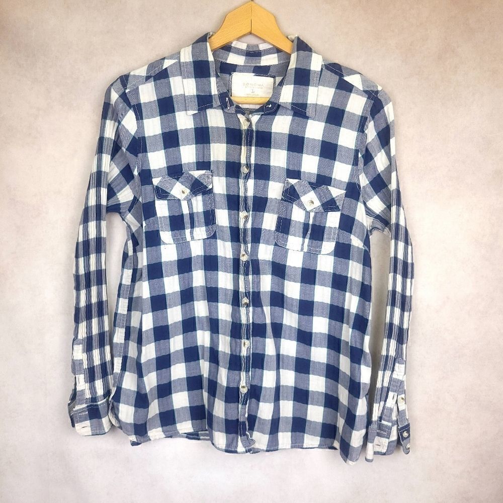 Sonoma Blue and White Checkered Long Sleeve Buttondown Shirt Size Large